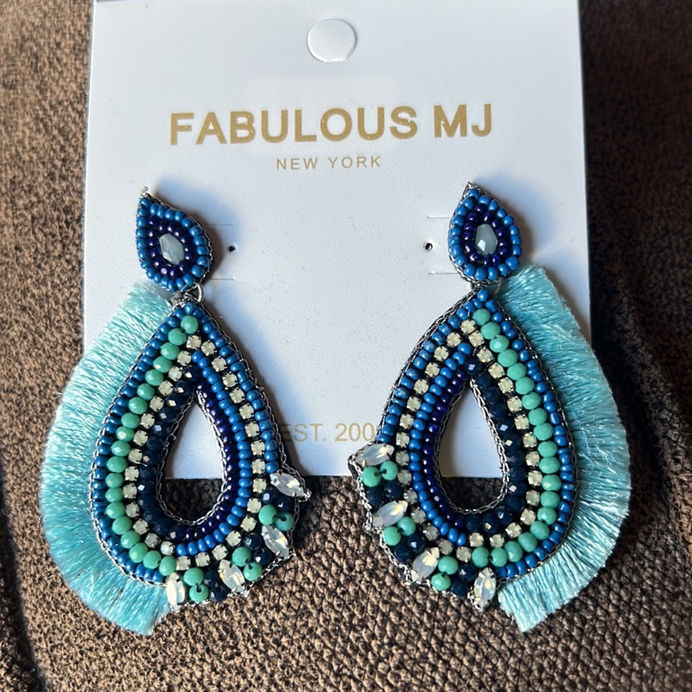 Tribal Blue Teardrop Seed Bead Post Earrings